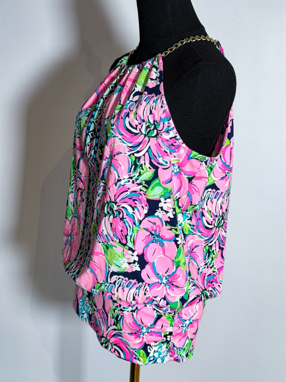 Lilly Pulitzer Tropical Floral Halter Top Pink Green Gold Chain Size Small - Picture 5 of 8